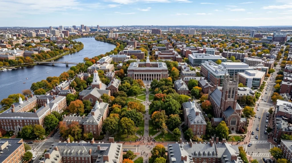 “Harvard University campus representing elite admissions process and standardized test requirements for international students”