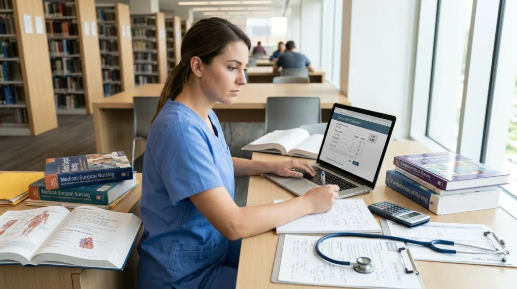 Nursing student using GPA calculator on laptop with books and notes