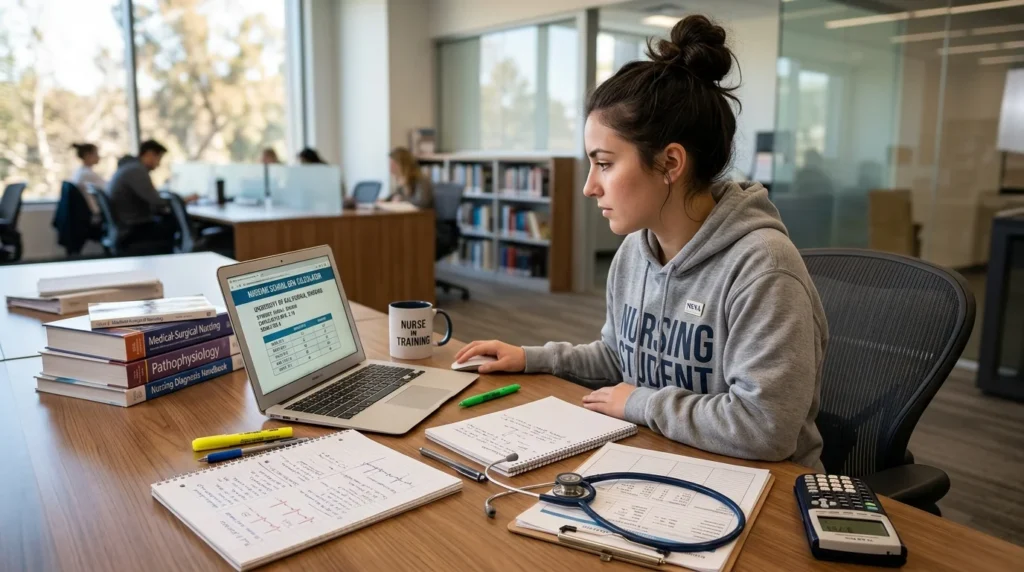 Nursing student using GPA calculator on laptop with books and notes