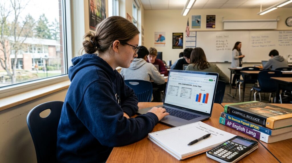 Student checking GPA results for college admission on laptop screen