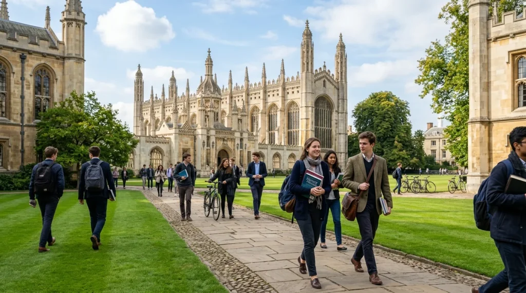 University of Cambridge campus with historic buildings and students walking across the lawn.