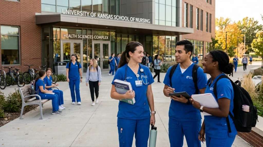 Nursing student calculating GPA on laptop with medical books and calculator on desk