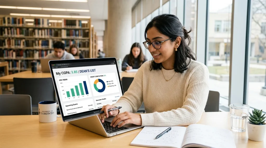 Student viewing a CGPA calculator and academic progress charts on a laptop.